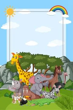 Border template design with many wild animals in background Stock Illustration