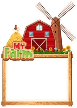 Border template design with red barn and haystack Stock Illustration