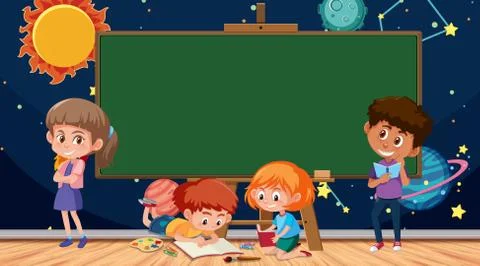 Border template with kids and space background Stock Illustration