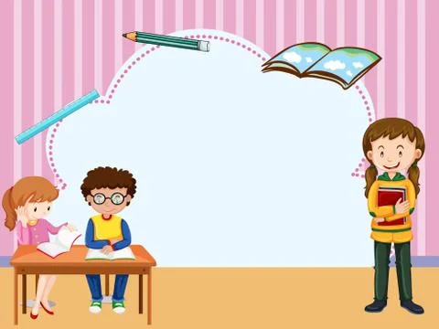 Border template with kids learning in classroom Stock Illustration