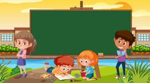 Border template with kids in the park background 库存插图