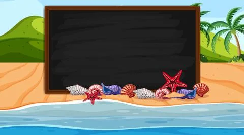 Border template with seashells on the beach background Stock Illustration