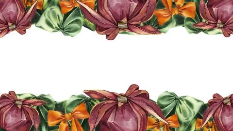 Border with textile gift box, colored silk ribbon bow knot on white. Watercolor Stock Illustration