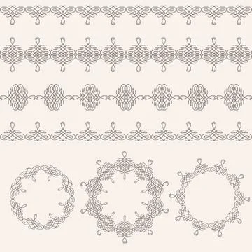 Borders and round frames set collection in calligraphic retro style isolated on Illustrazione stock