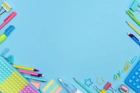 Borders crafted from brightly colored school and office supplies. Stock-Fotos