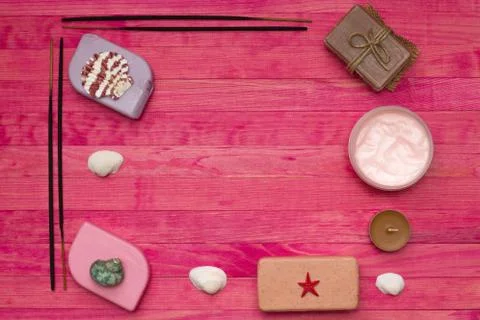 Borders made of soap bars and incense sticks Stock Photos