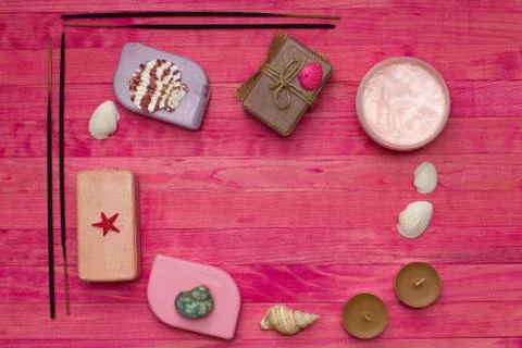 Borders made of soap bars and incense sticks Stock Photos