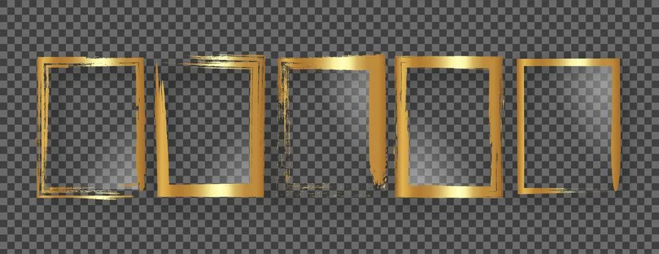 Borders or frames in realistic gold texture, grunge photo edge overlays set Stockillustratie