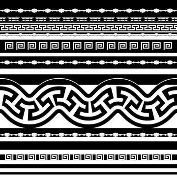 Borders seamless pattern. Black and white vector ancient background. Repeat t Stock Illustration