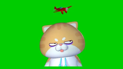 Bored 3D Cat with Red Airplane Landing on Head on Green Screen  4K Video Stock Footage 302863201