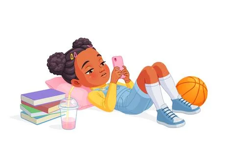 Bored African American elementary school girl student scrolling smartphone Ilustração Stock