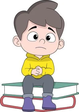 Bored Boy Sitting Sadly on Stack of Books, Tired of Studying Stock Illustration