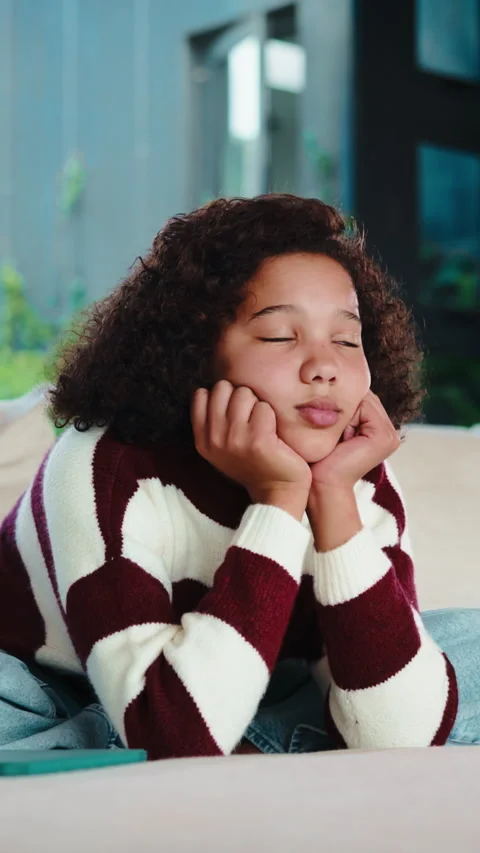 Bored, child and thinking on couch in home, moody and remember memory on break Stock Footage 335852682