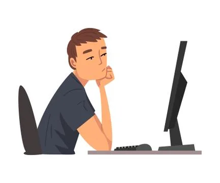 Bored Employee Man Working with Computer, Lazy Clerk Procrastinating at Stock Illustration