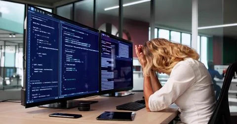 Bored Female Software Developer Web Programmer In Business Coding. Foto stock