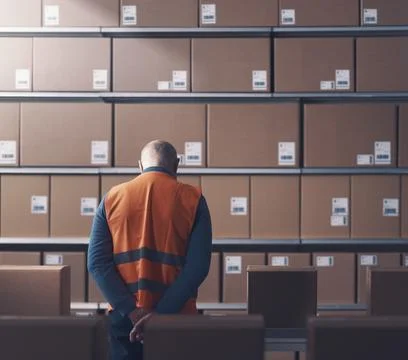 Bored frustrated worker checking boxes at the warehouse Stock Photos