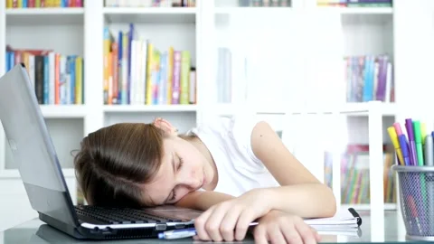 Bored Kid Studying School, Tired Child Sleeping at Office, Girl Slept, Learning, Video stock 330635839