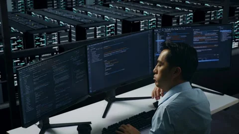 Bored Man Developer Write Code In Data Center Stock Footage 270228732