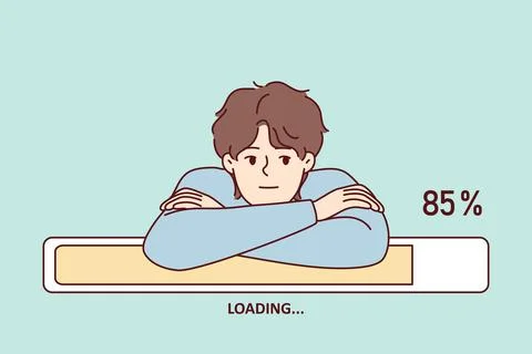 Bored man leaning on progress line loading waiting to download movie from 스톡 일러스트
