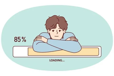 Bored man leaning on progress line loading waiting to download movie from 스톡 일러스트