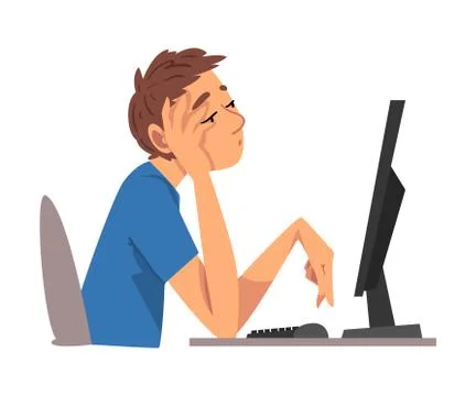 Bored Man Working with Computer, Lazy Male Employee Procrastinating at Workplace Stock Illustration