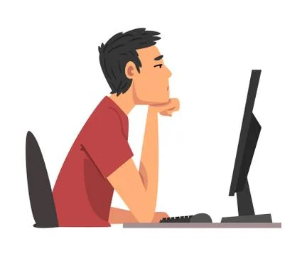 Bored Man Working with Computer, Lazy Guy Procrastinating at Workplace Stock Illustration