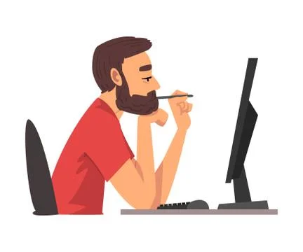 Bored Man Working with Computer, Lazy Guy Procrastinating at Workplace 스톡 일러스트