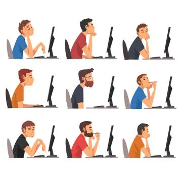Bored Men Working with Computer Collection, Lazy Guys in Casual Clothes Stock Illustration