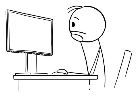 Bored Person Working on Computer , Vector Cartoon Stick Figure Illustration Stock Illustration