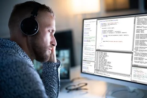 Bored Programmer Man Sleeping At Night Stock Photos