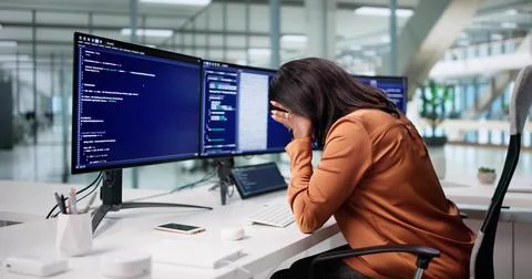 Bored Software Developer Struggles With Coding, Yearning For New Challenges. Foto stock