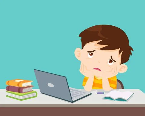 Bored student boy doing homework online with laptop Stock Illustration