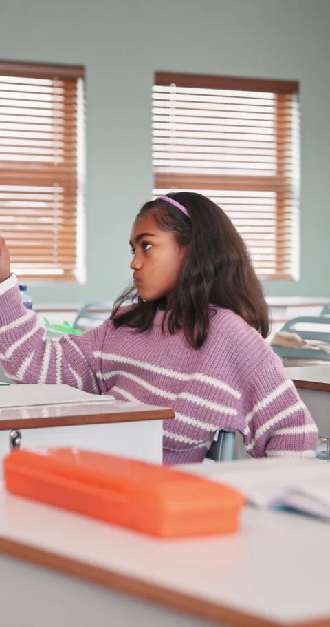 Bored, thinking and child in classroom at school for development, growth or Stock Footage 341078124