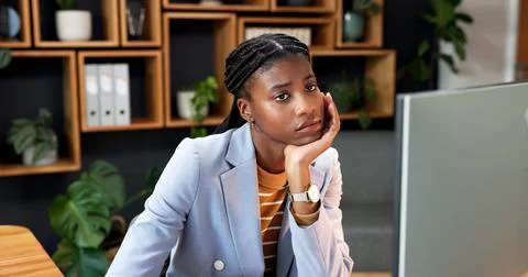 Bored, thinking and computer with business black woman for reflection, tire.. Stock Photos