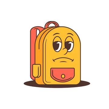 Bored Yellow Cartoon School Backpack Character with Half Closed Eyes and Fr.. Stockillustratie