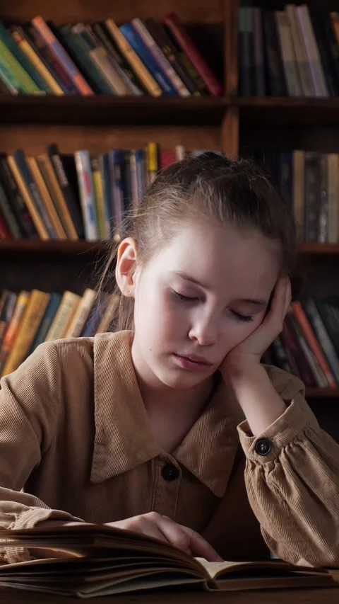 Bored young student feeling tired while reading a book in a library, struggling Stock Footage 341440984