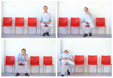 Boring, interview and man in waiting room for a job and collage with candidate Stock Photos