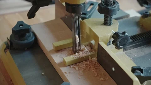 Boring machine and wood at table, close up. Stock Footage 156512461