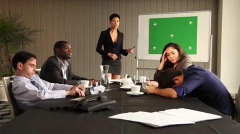 Boring presentation. People sleeping and bored. Green screen on whiteboard. Stock Footage
