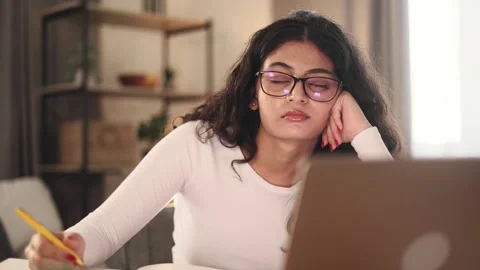 Boring tired student freelancer with glasses can not study or work Stock Footage 251731981