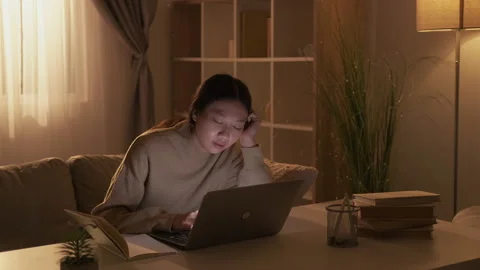 Boring video lesson home study tired girl laptop Stock Footage 201512762