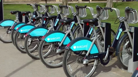 Boris bikes in rack for hire Stock Footage 48398238