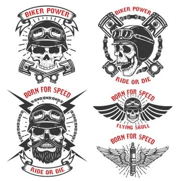 Born for speed. Set of the emblems with racer skulls. Biker club Stock Illustration