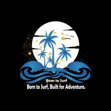Born to Surf, Built for Adventure Retro Beach Palm Trees Wave Sunset Graphic Illustrazione stock