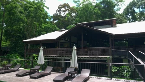 Borneo Rainforest Lodge Pool And Restaurant Pan 스톡 동영상 345021592