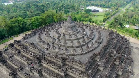 Borobudur ancient Buddhist temple on Java island, Indonesia, aerial view Stock Footage