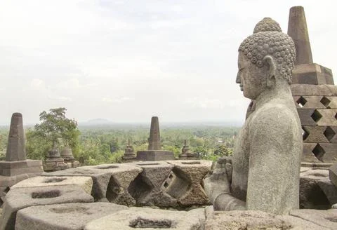 Borobudur in Java buddha sculpture and stupas at a temple named Borobudur ... Stock-Fotos