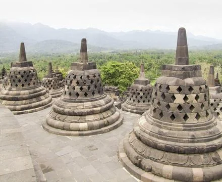 Borobudur in Java lots of stupas at a temple named Borobudur located in Ja... Stock-Fotos