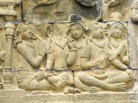 Borobudur in Java relief detail at a temple named Borobudur located in Jav... Stock Photos