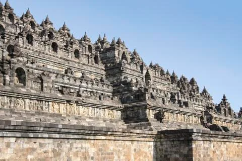 Borobudur pyramid temple walls java Stock Photos